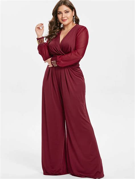 Wipalo Plus Size High Waisted Long Sleeves Surplice Jumpsuit Spring