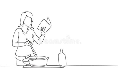 Single One Line Drawing Young Woman Cooking While Reading Book She Is