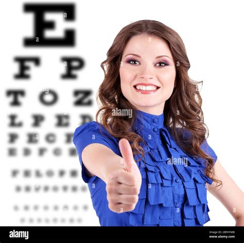 Medicine And Vision Concept Woman With Eye Chart Stock Photo Alamy