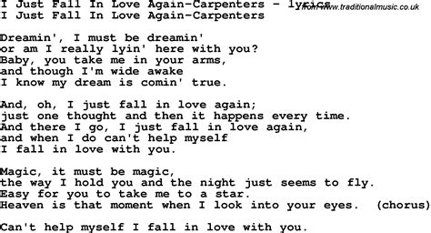 Love Song Lyrics For I Just Fall In Love Again Carpenters