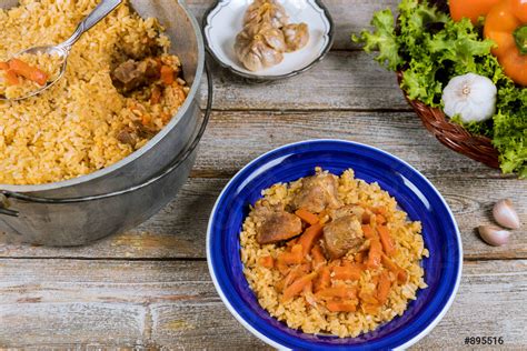 Traditional Uzbek Meal Called Pilaf Rice With Meat Carrot And Stock