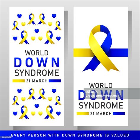 Down Syndrome World Day Vector Poster Dengan Pita Biru Dan Kuning