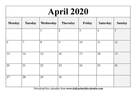 Printable April 2020 Calendar Free Templates Calendar