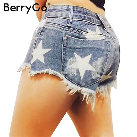 Berrygo Sexy Star Print Blue Denim Shorts Casual Ripped Hole Vintage Fringe Jeans Short Women