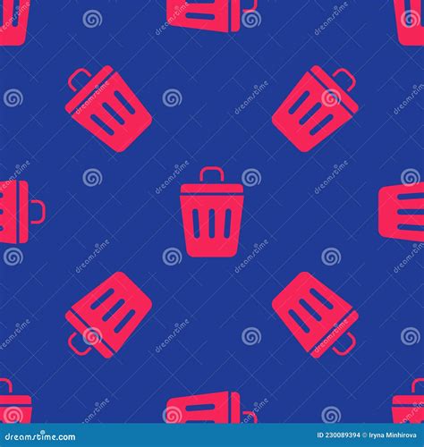 Red Trash Can Icon Isolated Seamless Pattern On Blue Background