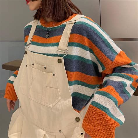 Itgirl Shop Contrast Stripes Grunge Aesthetic Loose Knit Sweater