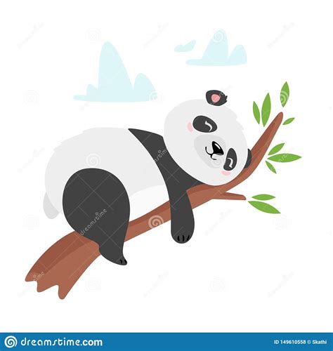 Lazy Panda Bear Sleeping On Tree Branch Illustration Stock Vector