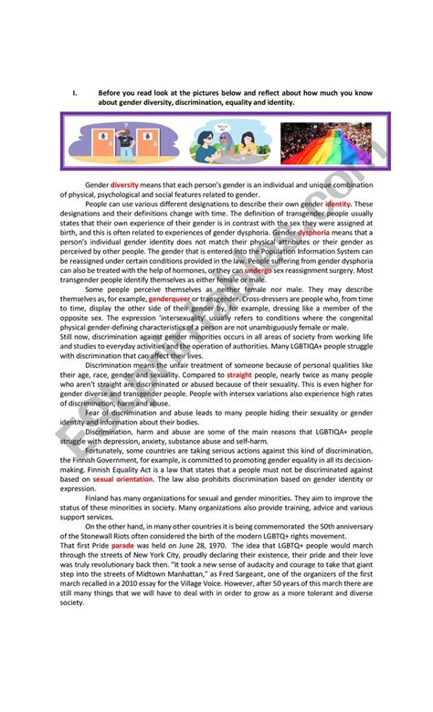 Gender Diversity Reading Comprehension Esl Worksheet By Mogaldeth