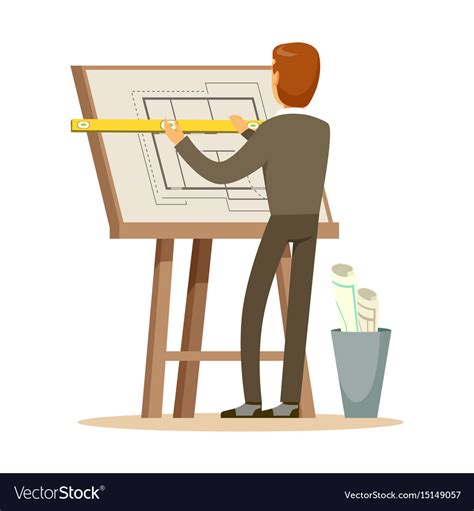 Architect Working On His Project On A Drawing Vector Image