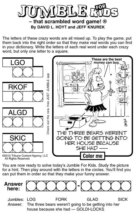 Print free spring word jumble, a fun activity for this spring season. Sample of Jumble for Kids | Tribune Content Agency (March 8, 2015)