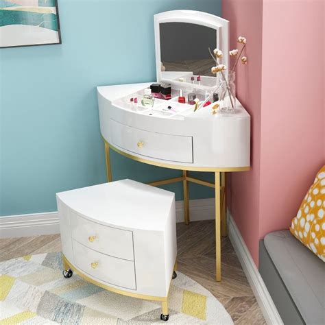 White Corner Makeup Vanity Table With Flip Top Mirror And Drawers And Stool