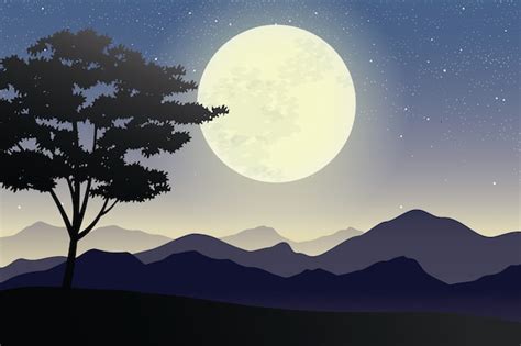 Premium Vector Illustration Of Full Moon On Mountains And Hills Landscape