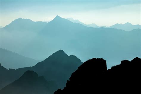 Spectacular Blue And Cyan Mountain Ranges Silhouettes Summit Cr
