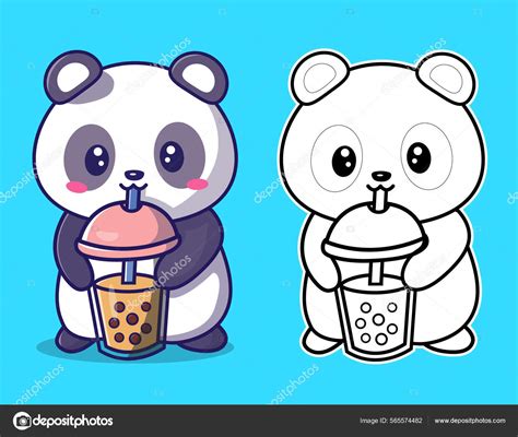 Cute Panda Drinking Boba Tea Milk Cartoon Vector Icon Animal Stock