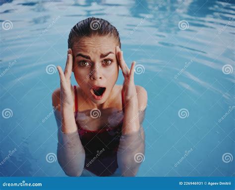Emotional Woman Swimming In The Pool Gesture With Hands Cool Water Stock Image Image Of Blue