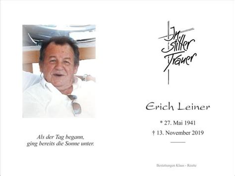 Erinnerung An Erich Leiner Trauerportal Bestattungen Klaus Reutte
