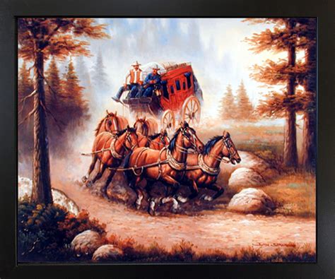 Western Cowboy with Old Red Stagecoach and Running Horses Wall Decor ...