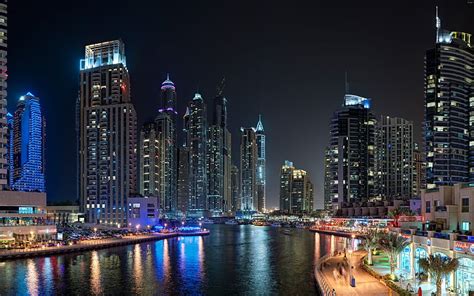 Dubai Downtown Skyscrapers Night City Lights Modern Architecture