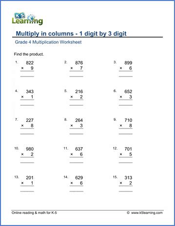 Let us solve double digit multiplication of 40 ×. Grade 4 math worksheet - Multiply in columns: 1 by 3-digit ...