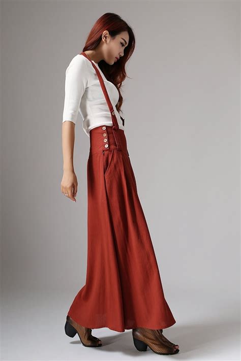 Suspender Skirt Linen Maxi Skirt With Pockets Red Womens Etsy