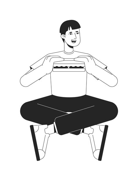 Guy Eating Sandwich In Legs Crossed Posture Flat Line Black White