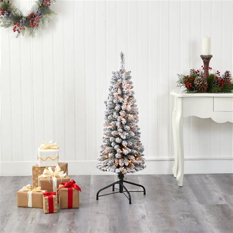 4ft Flocked Pencil Artificial Christmas Tree With 100 Clear Lights And