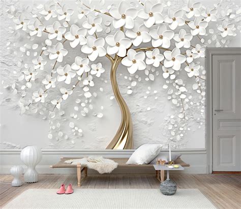 3d Gold Tree Floral Wallpaper White 3d Floral Wall Mural Etsy Wall