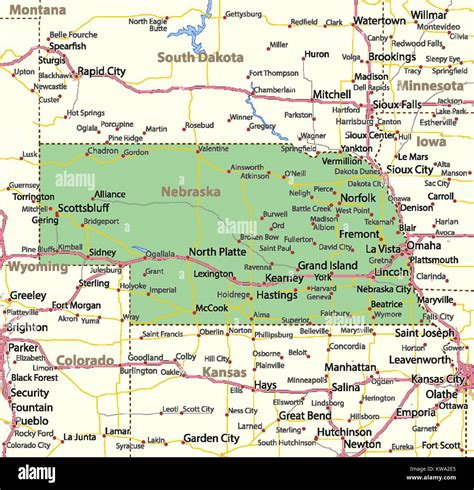 Map Of Nebraska Shows Country Borders Urban Areas Place Names Roads