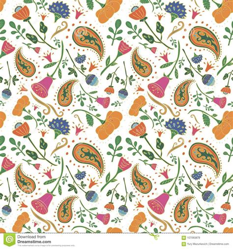 Hand Drawn Seamless Floral Pattern With Folk Elements Stock Vector