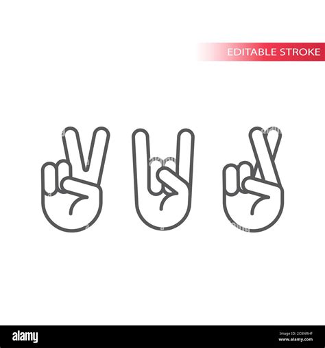 Rock Peace And Fingers Crossed Vector Icon Set Hand Gestures Outline