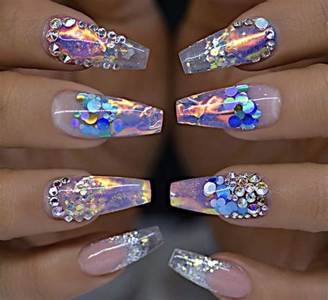 Glass Look Clear Chrome Holographic Crystal Long Coffin Nails