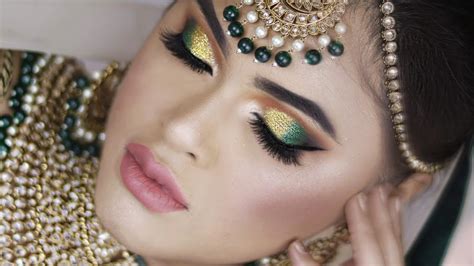 Indian Bridal Pakistani Bridal Makeup Green And Gold Glitter Eye Shadows Youtube