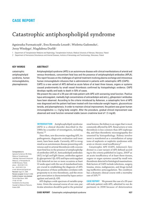Pdf Catastrophic Antiphospholipid Syndrome