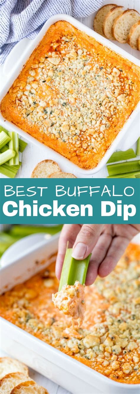 The Best Buffalo Chicken Dip Recipe In A White Casserole Dish With