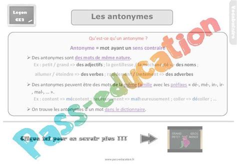 Qu Est Ce Qu Un Antonyme - Leçon, trace écrite sur les antonymes – Ce2 par Pass-education.fr