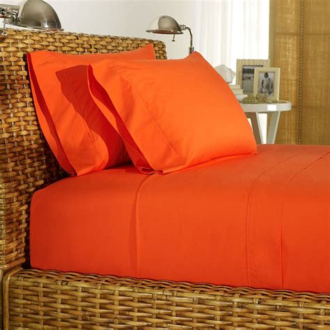 Rajlinen Orange Solid 4 Pcs Bed Sheet Set Queen Size Egyptian Cotton