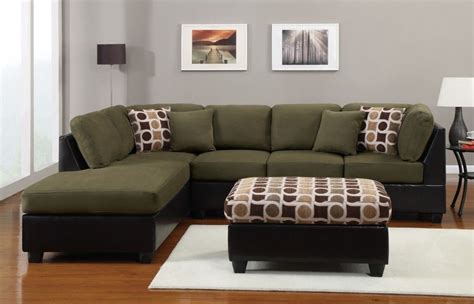 Olive Green L Shaped Couch With Chaise And Cushion Plus Square Ottoman