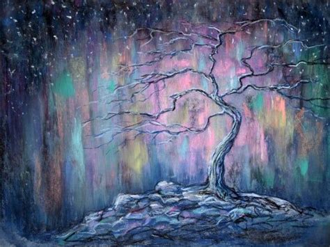 Tree Of Life Northern Lights Art Pastel Painting Original Soft Etsy