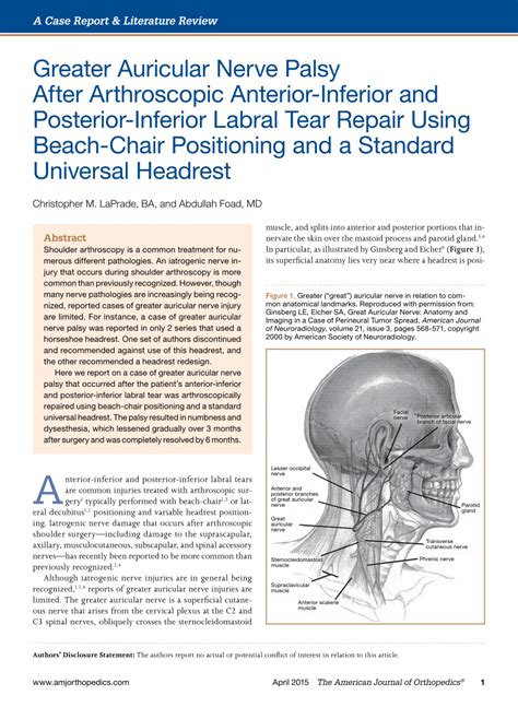 Pdf Greater Auricular Nerve Palsy After Arthroscopic Anterior