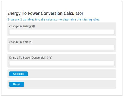 Energy To Power Conversion Calculator Calculator Academy