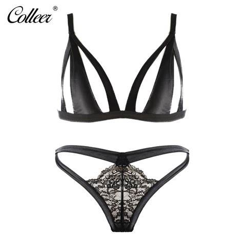 Colleer Women Lace Bra Set Strap Sexy Hollow Out Transparent Satin Push