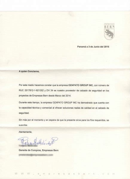 Carta De Referencia Empresas Bern Ozapato 1 Ozapato Panama