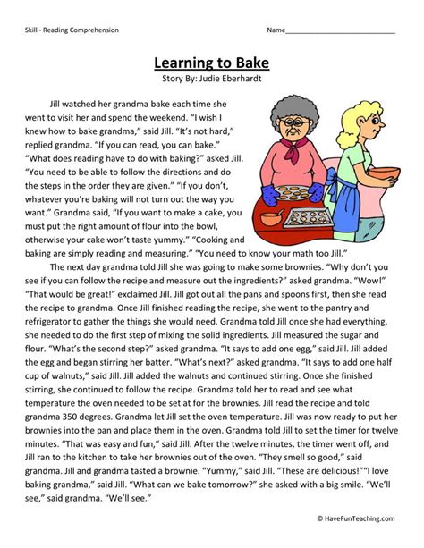 Reading Comprehension Worksheet Learning To Bake