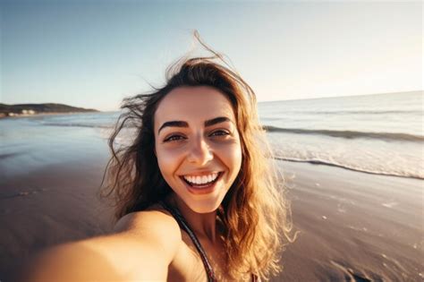 Premium Ai Image Shot Of A Young Woman Taking Selfies At The Beach Created With Generative Ai