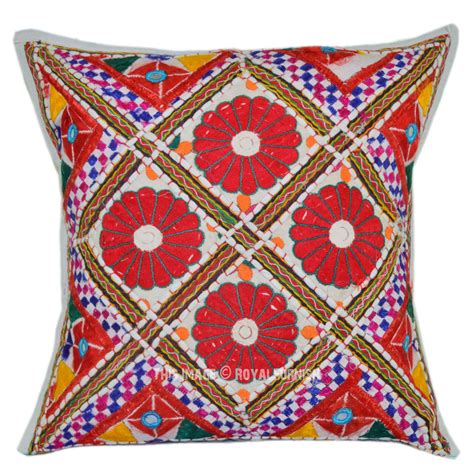 White Four Floral Multi Hand Embroidered Throw Pillow Cover