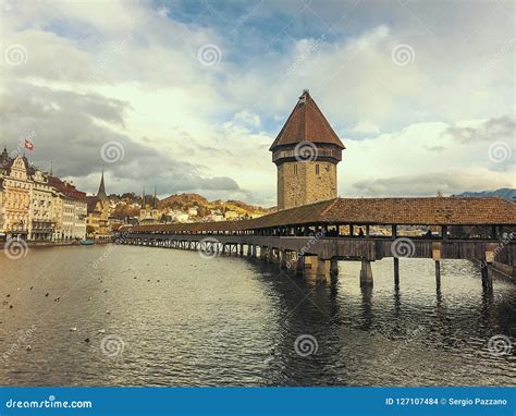 Panoramic View of Lucerne with Lake Kapellbrücke and Lake Front Stock Photo Image of lake