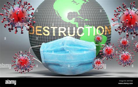 Destruction And Covid Earth Globe Protected With A Blue Mask Against