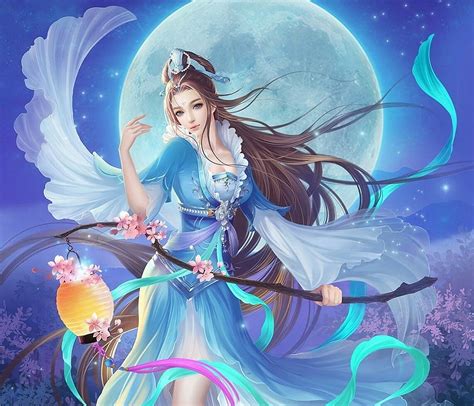 moon goddess blue white frumusete asian goddess moon fantasy luna luminos lantern hd