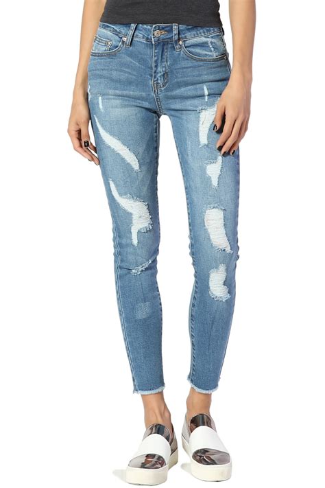Themogan Womens Distressed Ripped Stretch Mid Rise Med Blue Crop