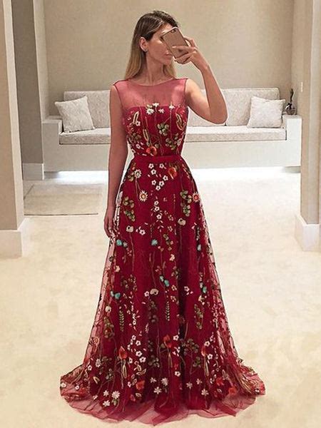 Popular Dark Red Floral Embroidery Sleeveless A Line Long Prom Dresses
